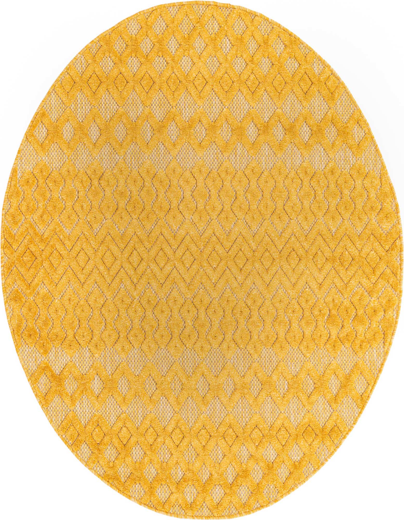 A 5'3" round yellow indoor/outdoor rug with a textured tribal trellis pattern, featuring high-low pile.