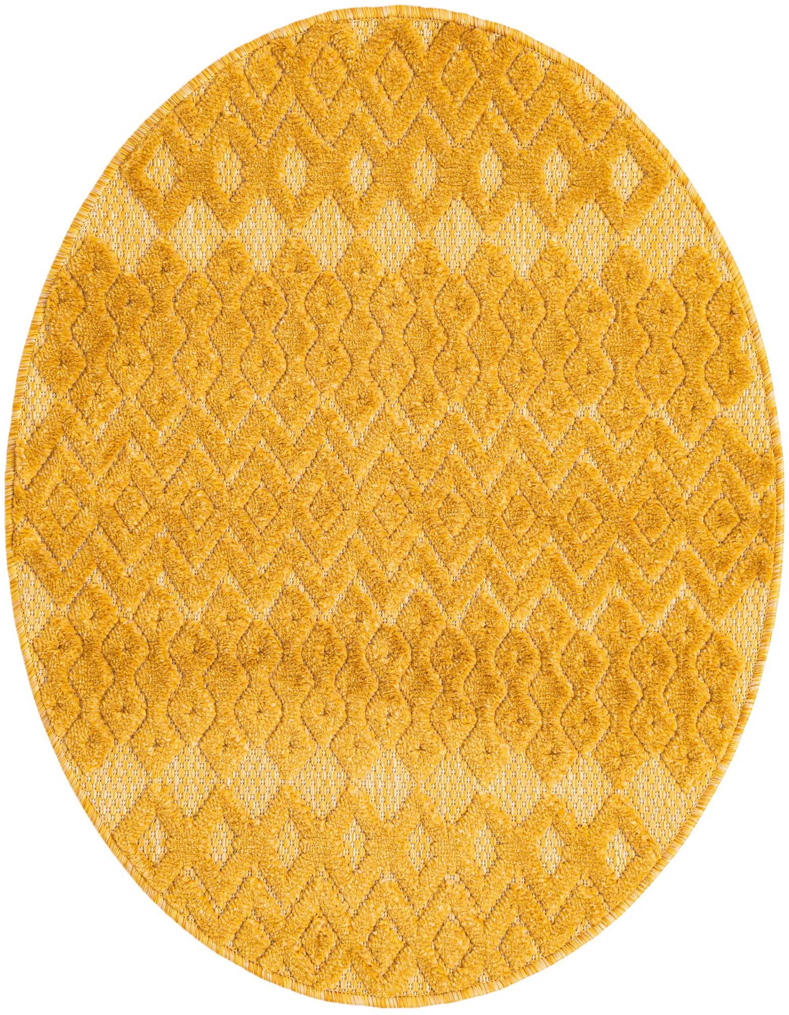 A 3' round yellow polypropylene rug with a textured high-low tribal trellis pattern, suitable for indoor or outdoor use.