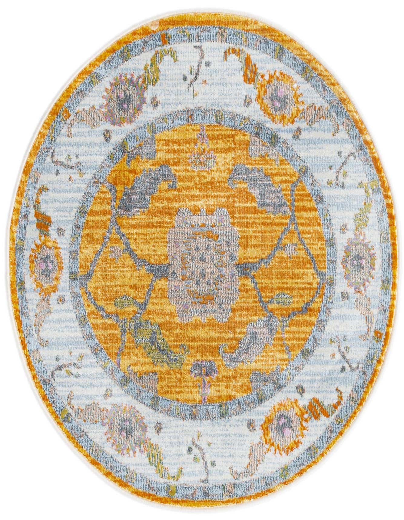 A 3'3" round yellow and light blue traditional medallion rug with a vintage look, featuring intricate floral patterns.