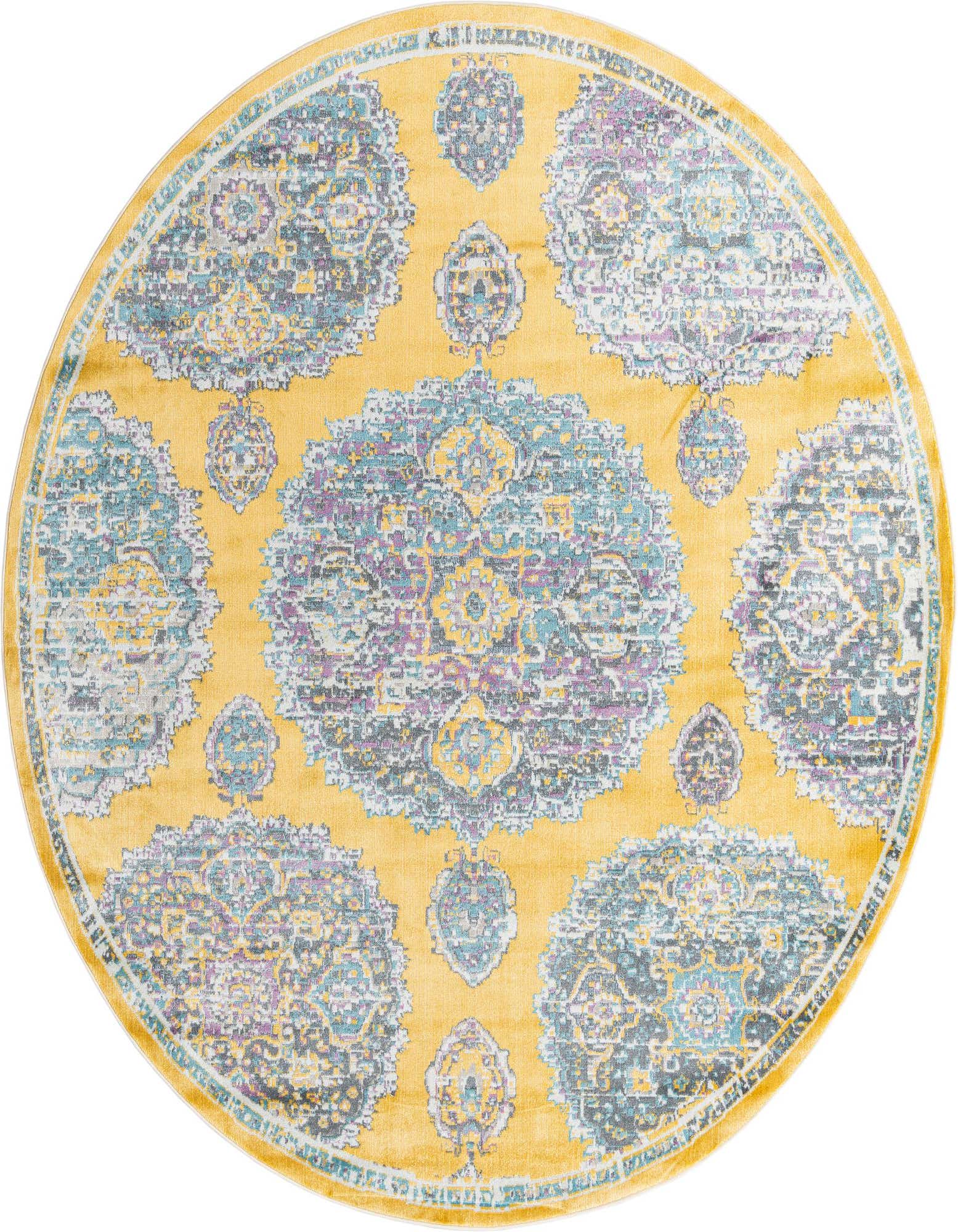 A round yellow Bohemian rug with intricate blue, purple, and grey floral medallion patterns, suitable for an indoor living space.