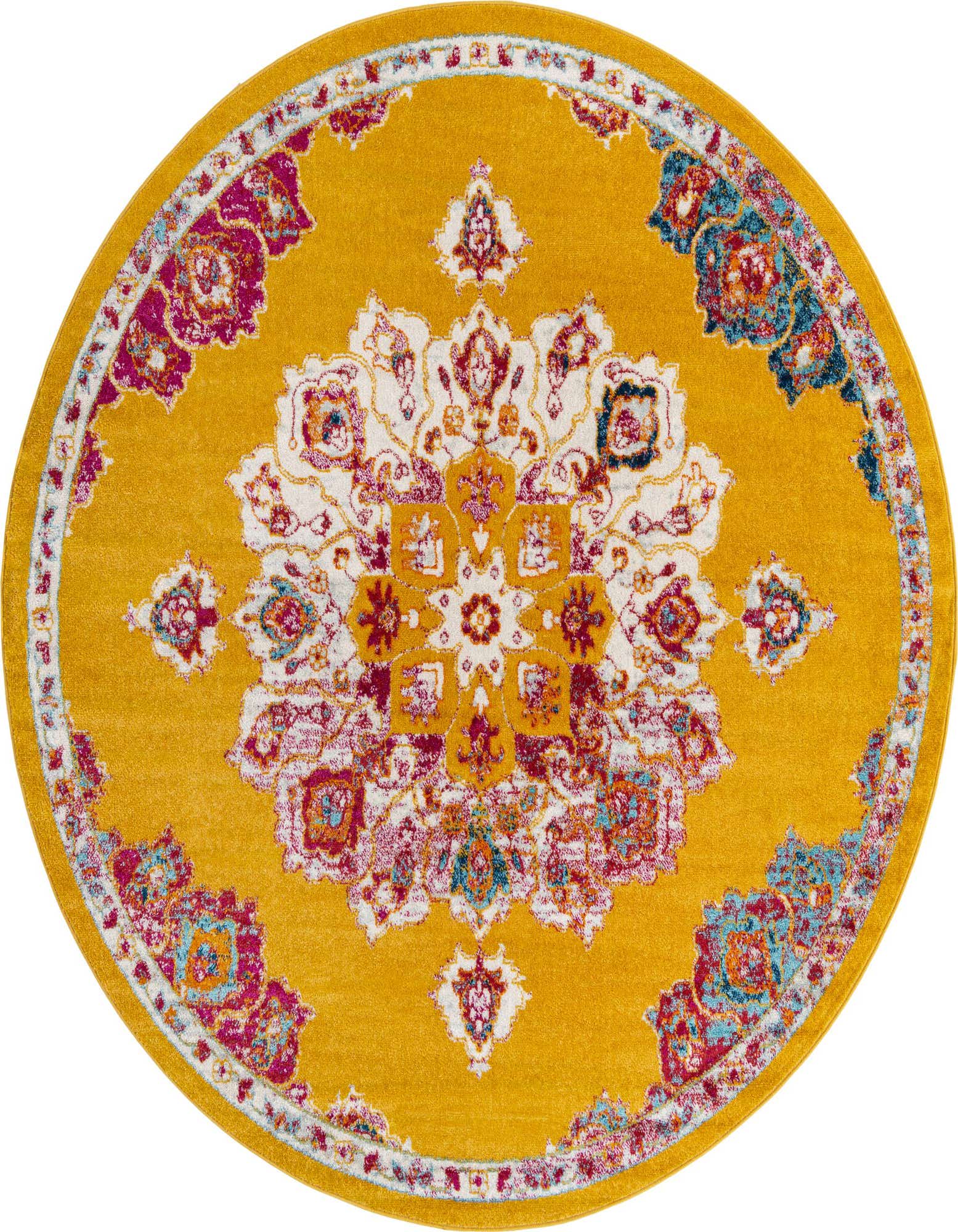 A round 7'10" yellow medallion rug with a traditional vintage pattern in white, fuchsia, and teal.