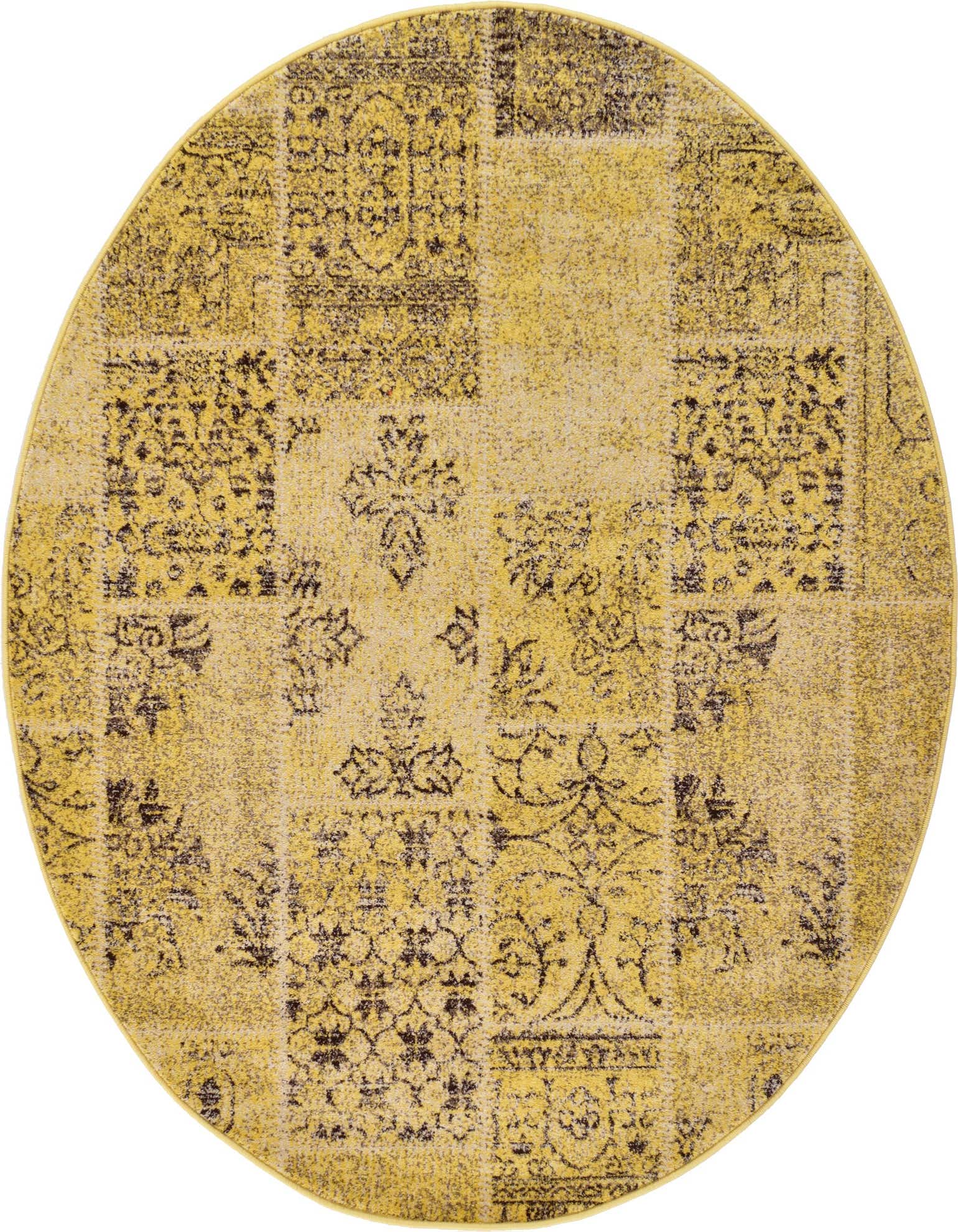 A 6' round yellow and gold polypropylene rug with a distressed patchwork pattern featuring country, botanical, and floral motifs.