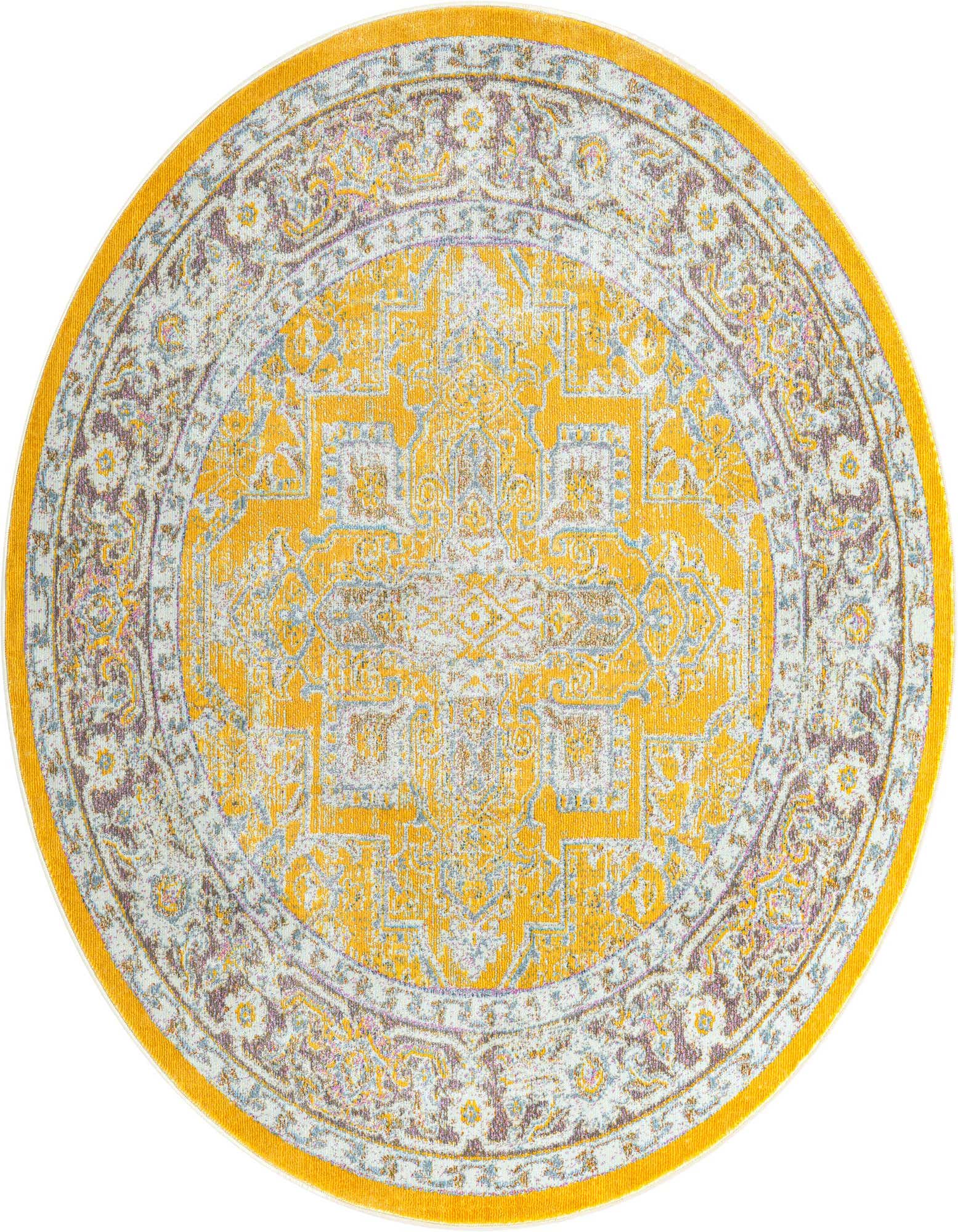 A 5' 5 x 5' 5 round yellow and gold traditional medallion rug with a distressed look, ideal for an indoor living space.