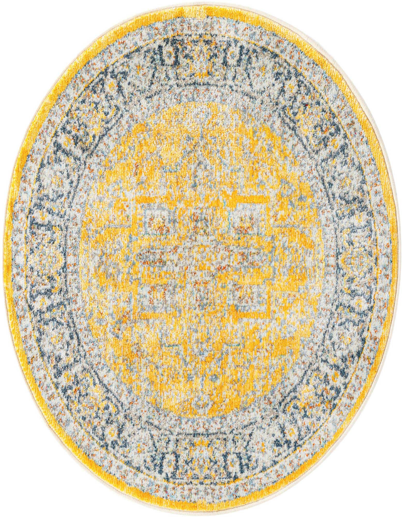 A 3' 3 x 3' 3 round yellow and gray medallion rug with a traditional vintage pattern.
