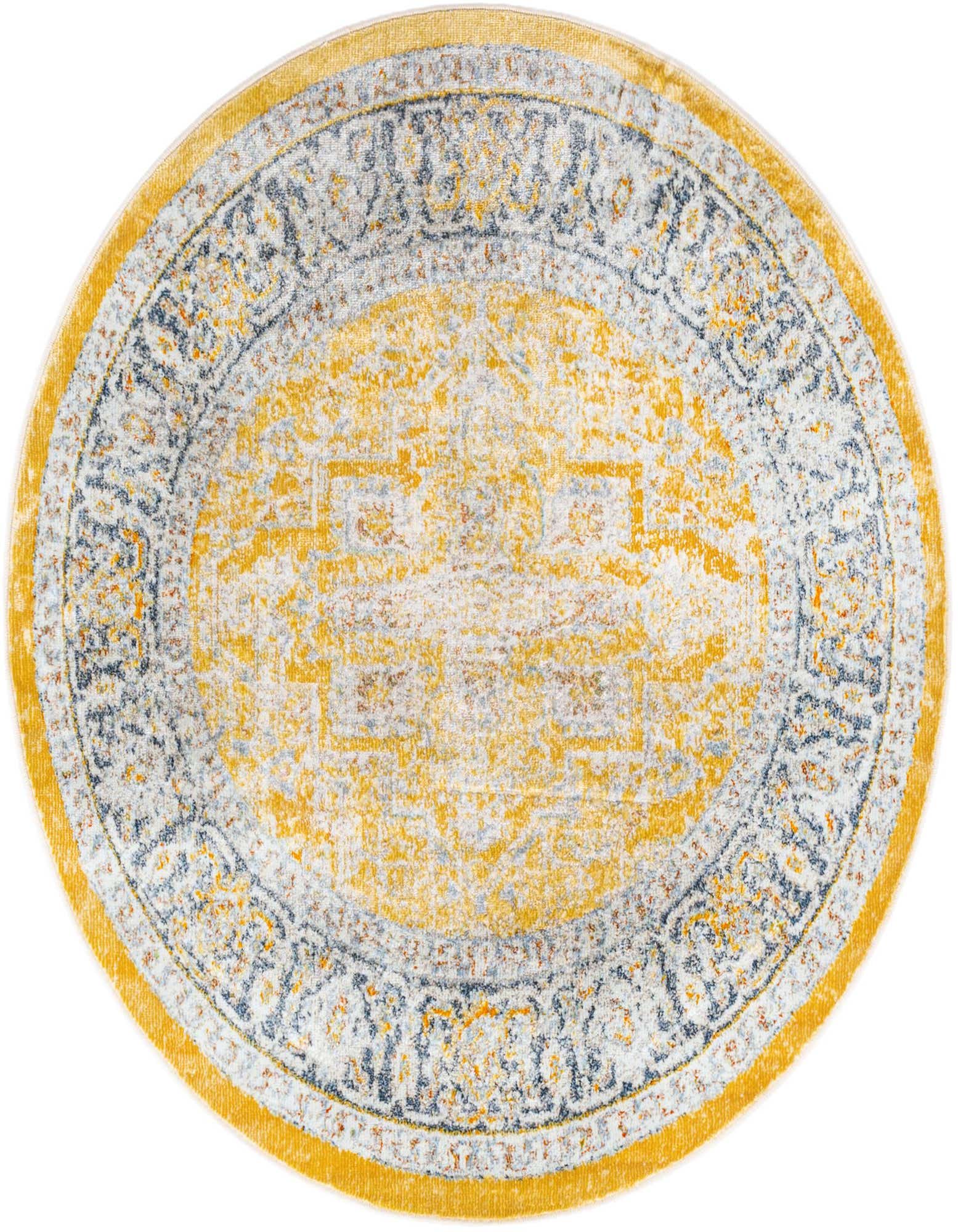 A 4' round yellow and gray traditional medallion rug with a distressed vintage look.