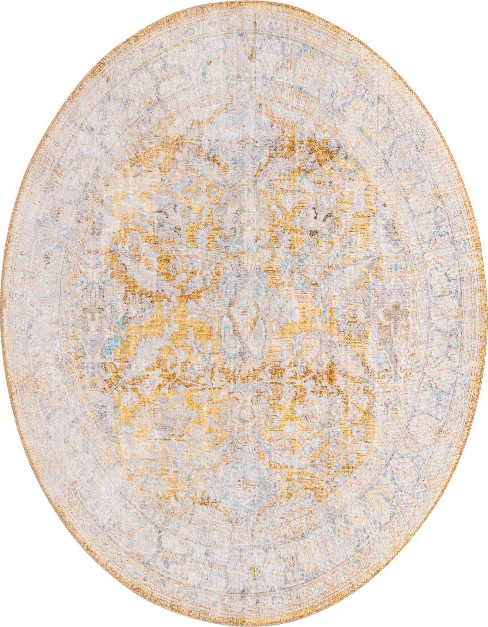 A 5' round yellow and white traditional rug with a distressed vintage pattern, suitable for various indoor rooms.