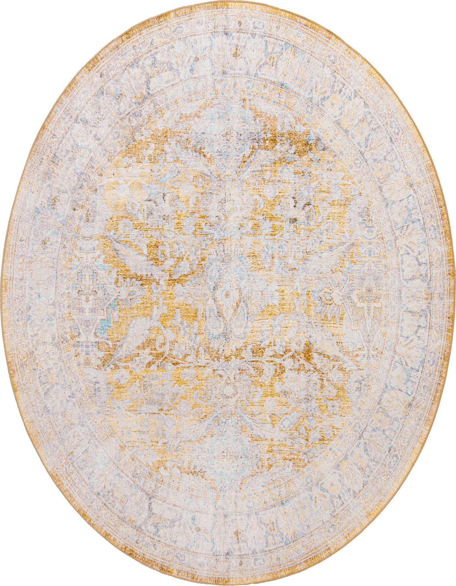 A 7' 7 round yellow and gold traditional area rug with a distressed vintage pattern and subtle blue accents.
