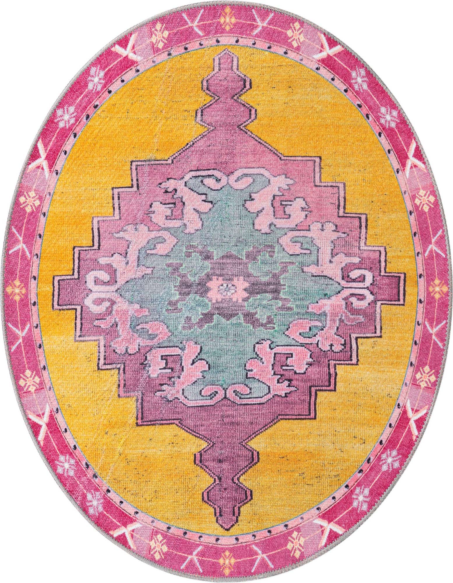A 3' 6 x 3' 6 round yellow rug with a vintage oriental medallion pattern in pink, purple, and teal, featuring a flat, textured pile.