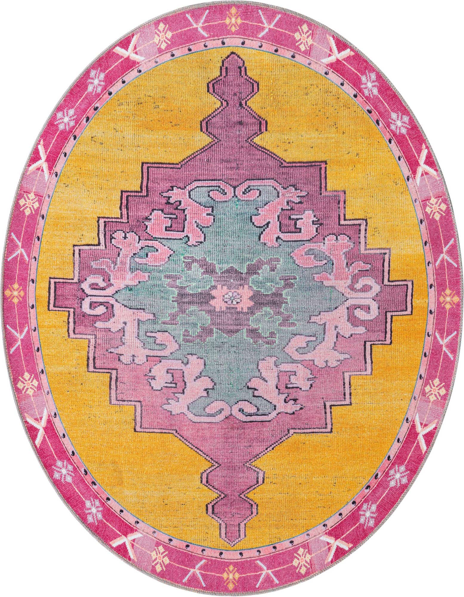 A vibrant 5' round yellow rug with a central pink, purple, and teal vintage medallion pattern and a fuchsia border.