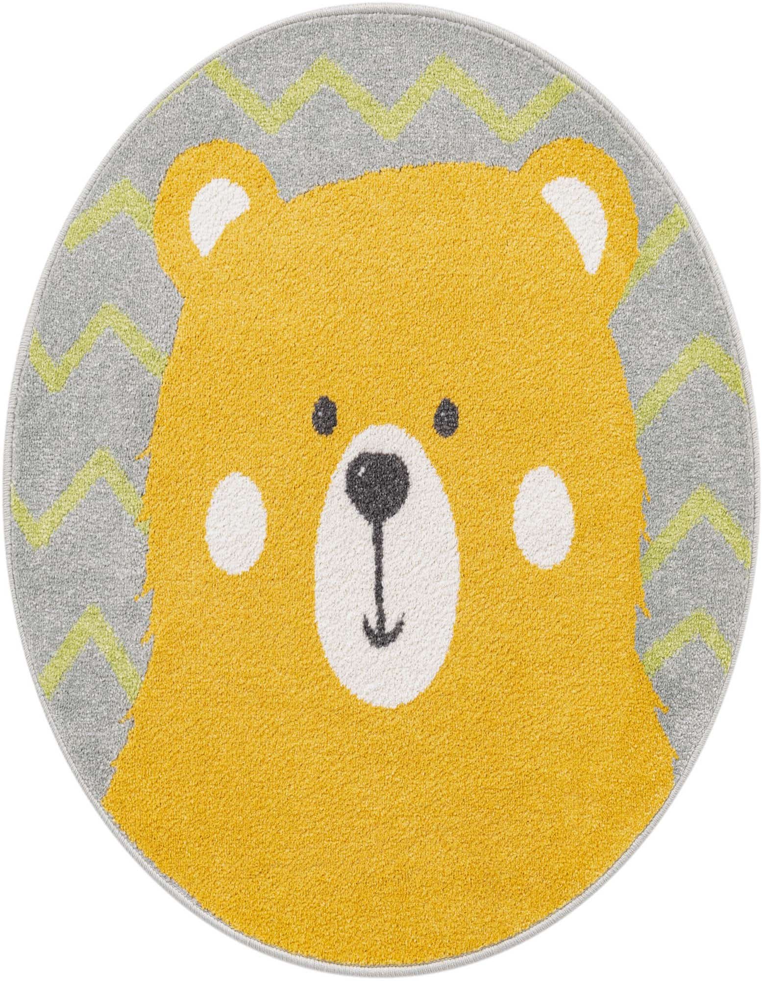 Round yellow and gray rug featuring a friendly bear face with white cheeks and black eyes, suitable for a child's room.