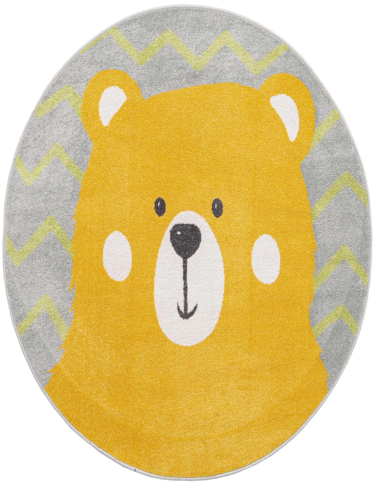 Round yellow and gray rug featuring a friendly bear face with white cheeks and ears, set against a gray background with light green chevron patterns.