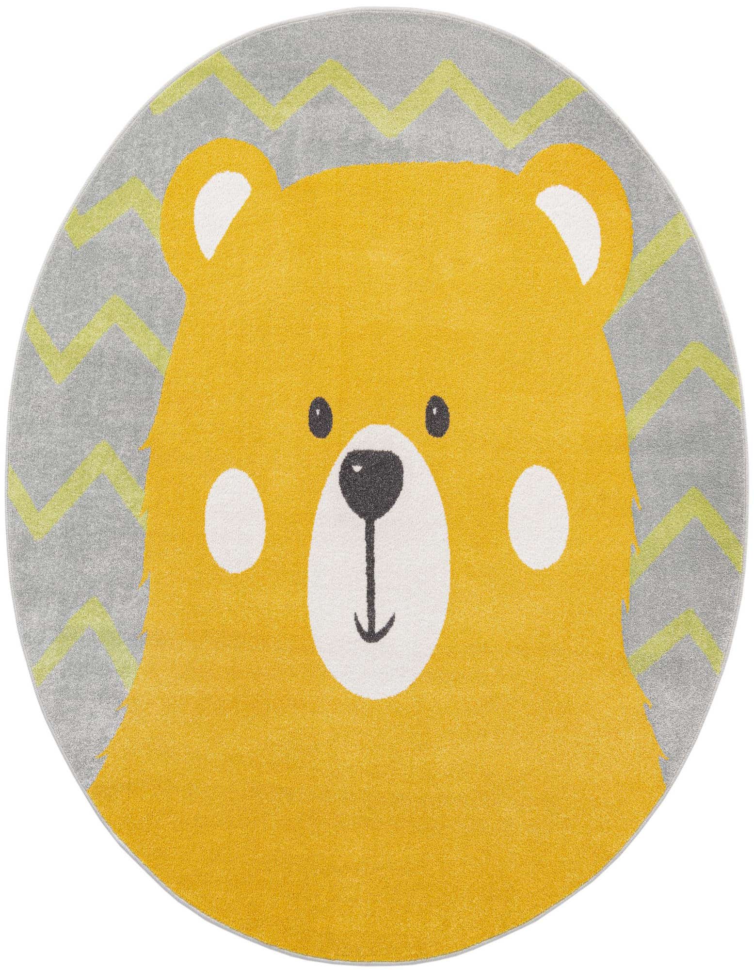 A round yellow bear rug with a gray background and lime green zigzag border, perfect for a kid's room.