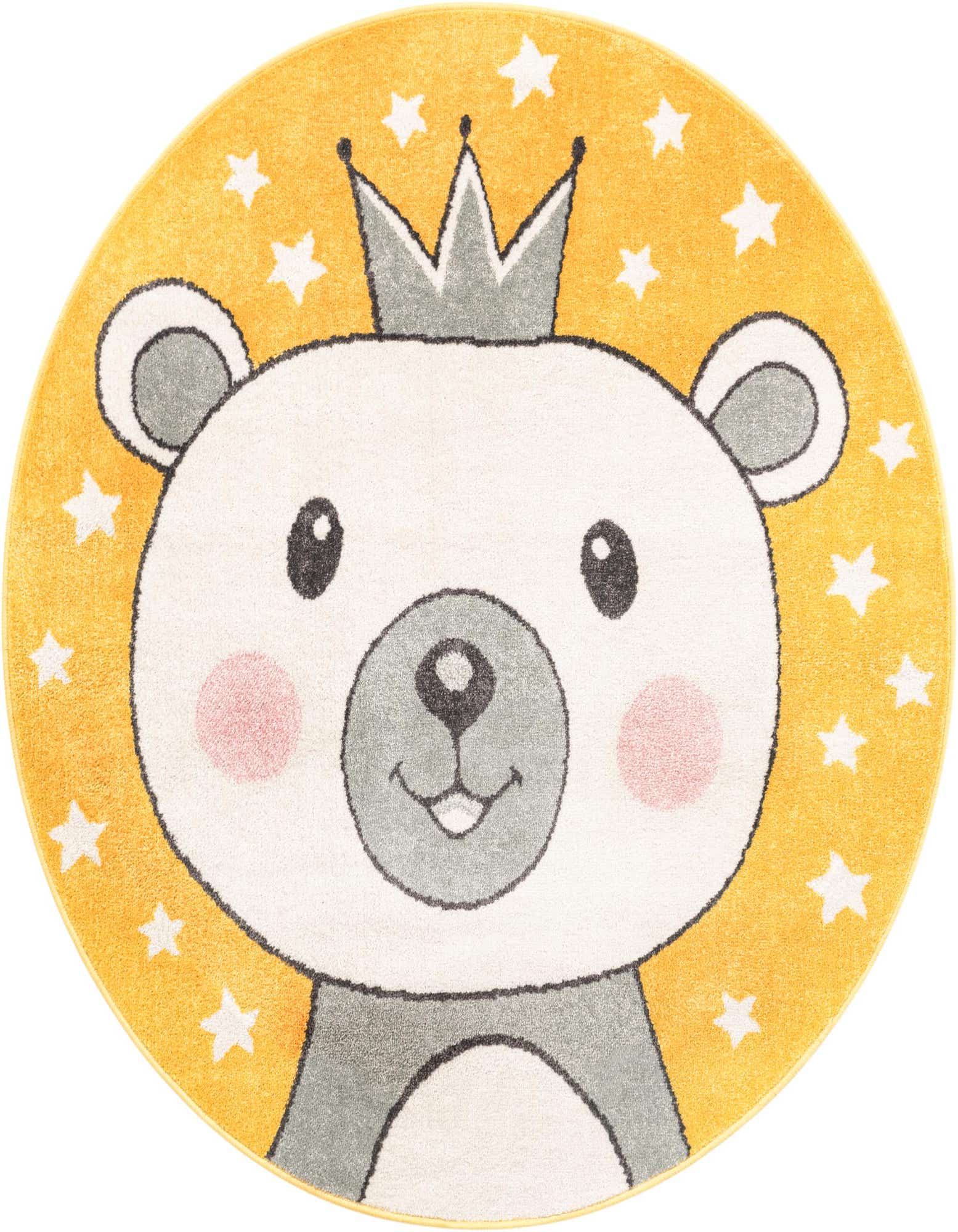 A round yellow rug features a cute white bear wearing a gray crown, surrounded by white stars, perfect for a child's room.