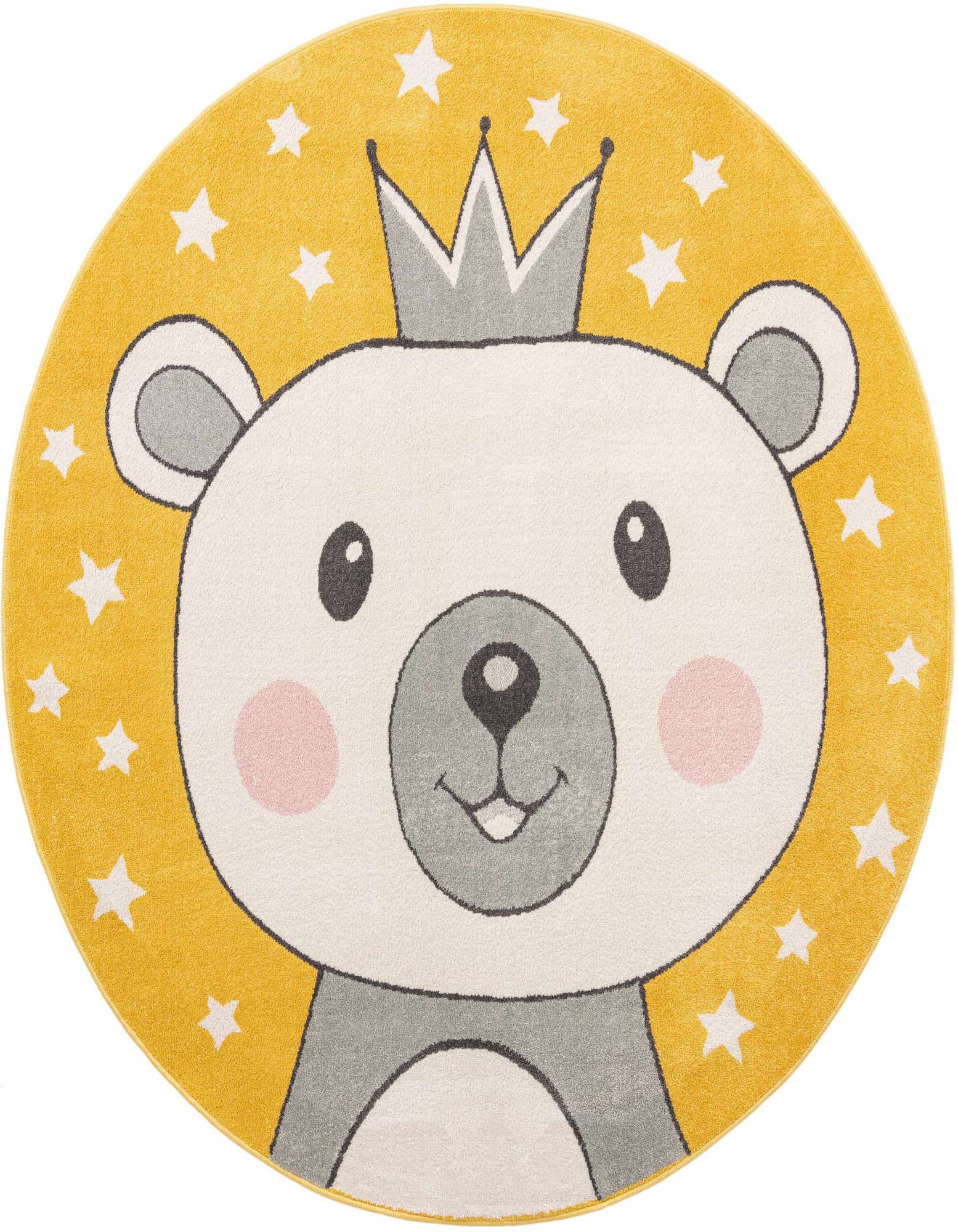 A round yellow rug featuring a cute white bear wearing a gray crown, surrounded by white stars.