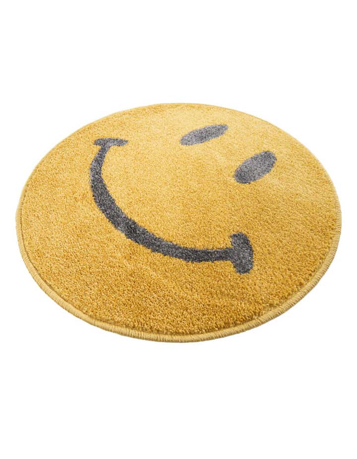 Yellow 2' 2 x 2' 2 Smiley Face Whimsy Kids Round Rug | Rugs.com