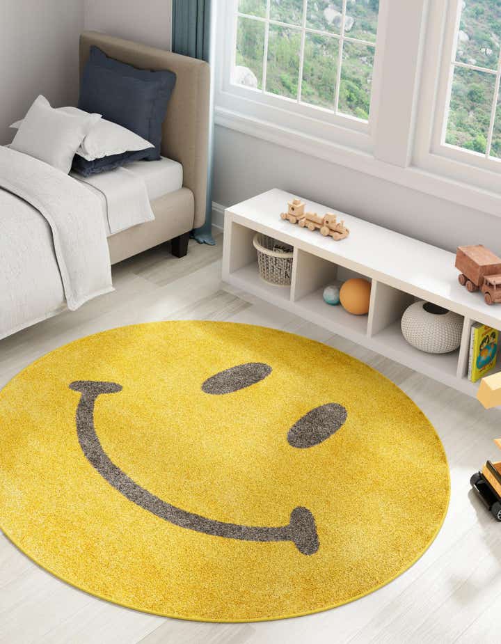 Yellow 2' 2 x 2' 2 Smiley Face Whimsy Kids Round Rug | Rugs.com