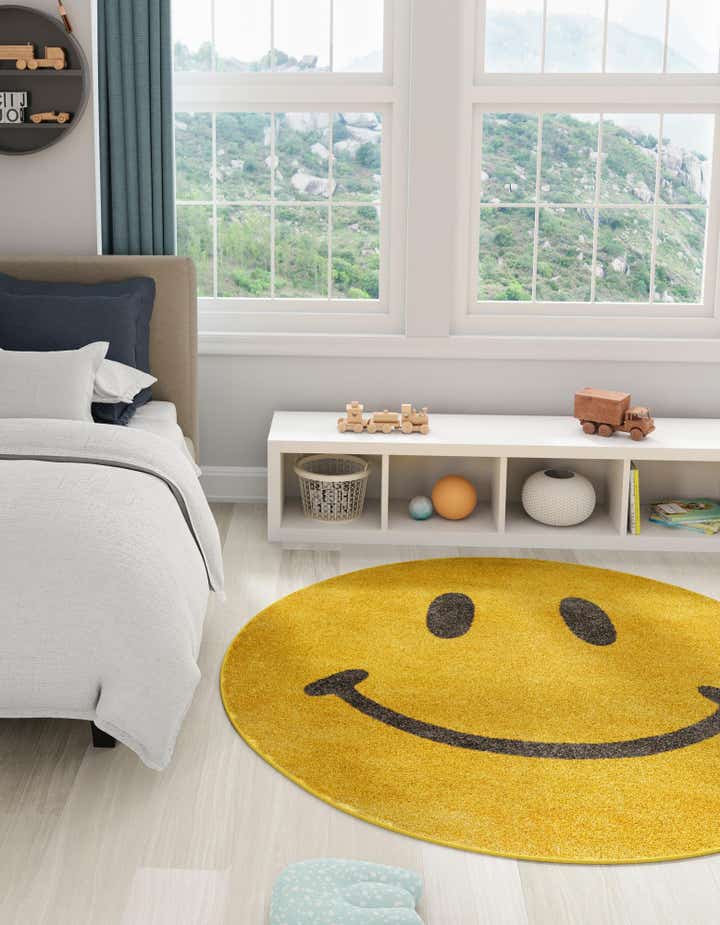 Yellow 2' 2 x 2' 2 Smiley Face Whimsy Kids Round Rug | Rugs.com