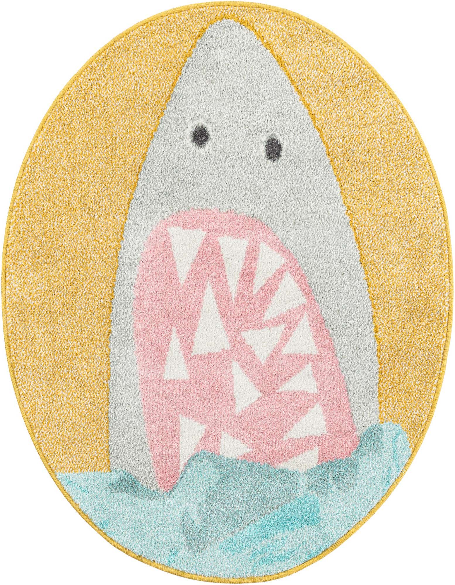 A round yellow rug featuring a playful gray shark with a pink mouth and white teeth, emerging from blue water.