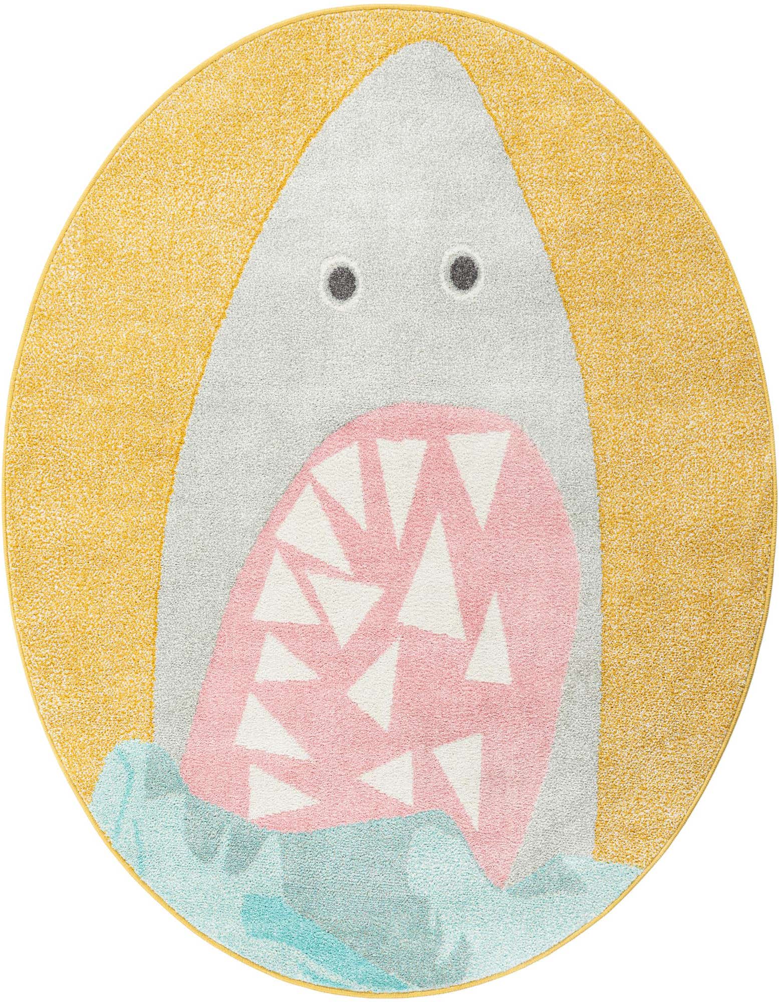 A round yellow rug featuring a playful gray shark with a pink mouth full of white teeth, emerging from light blue waves.