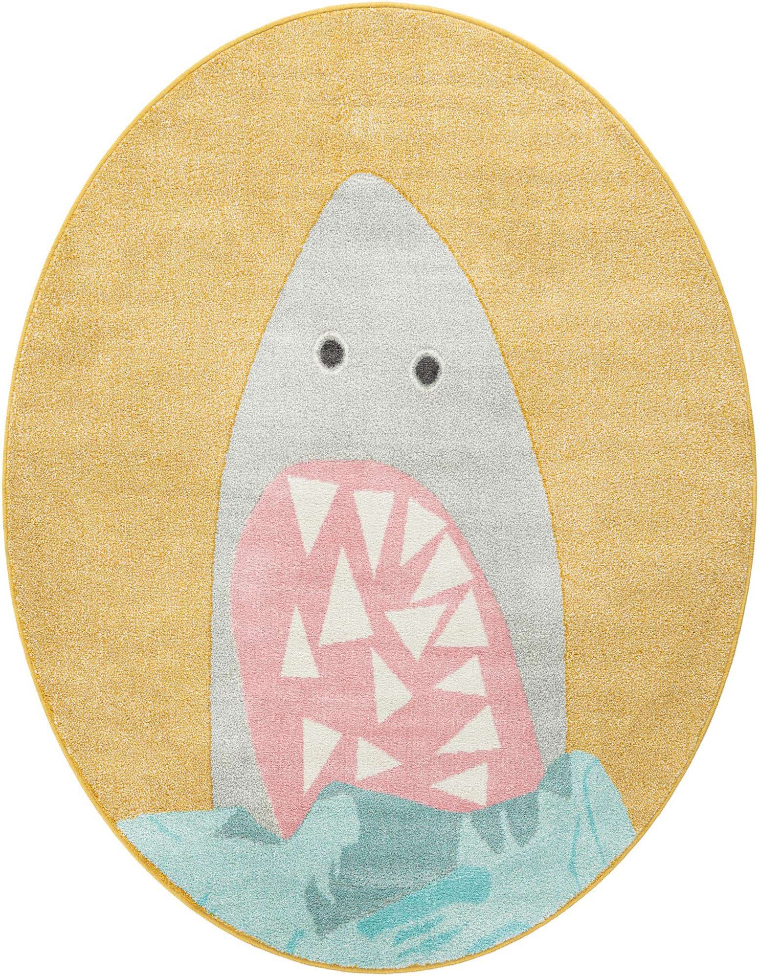 A round yellow rug featuring a playful gray shark with a pink mouth and white teeth, emerging from blue water.