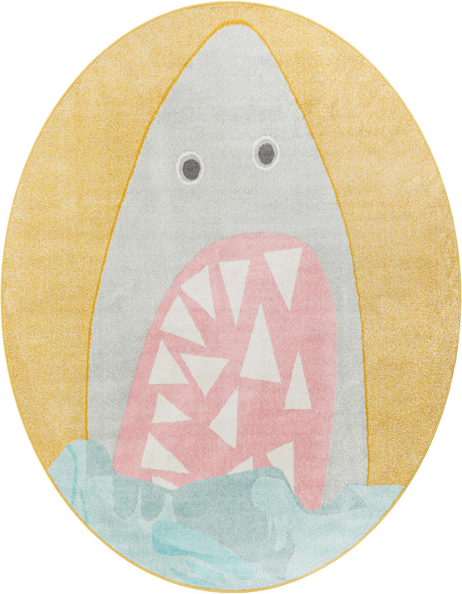 A round yellow rug featuring a playful gray shark with a pink mouth full of white teeth, emerging from light blue water.