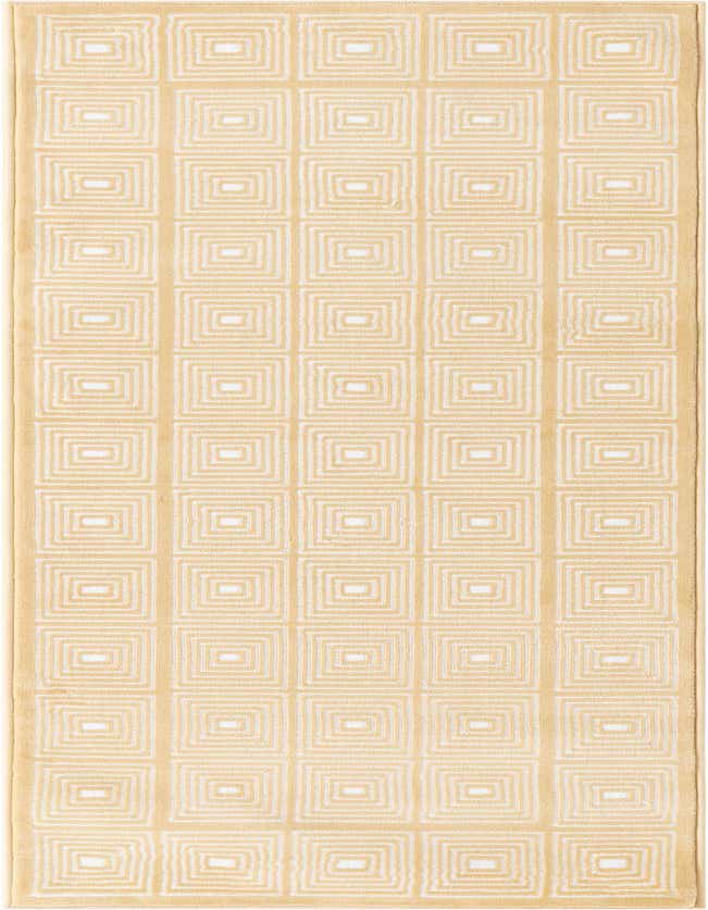 A 6 ft runner rug featuring a repeating geometric pattern of concentric squares in shades of yellow and gold.