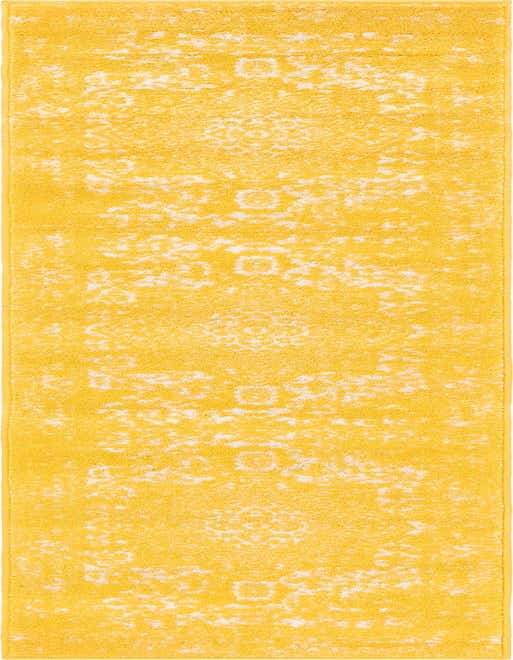 A vibrant yellow 8 ft runner rug with a distressed white traditional medallion pattern, ideal for hallways or kitchens.