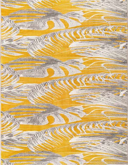 A 12 ft runner rug featuring a modern botanical pattern with large, abstract monstera and palm leaves in shades of gray and white on a vibrant yellow background.