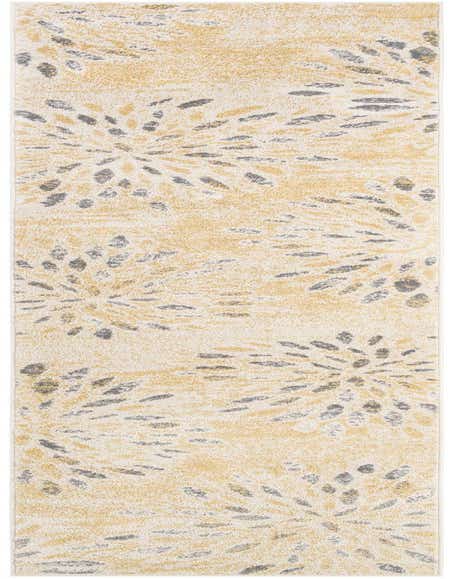 A 12 ft runner rug featuring a modern floral pattern in shades of yellow, gold, and gray on a cream background.