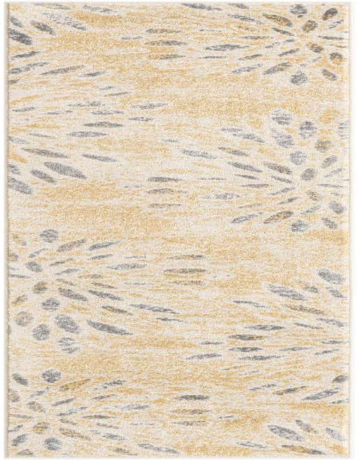 A long 8 ft runner rug with an abstract pattern of yellow and gray shapes on a cream background, ideal for a hallway.