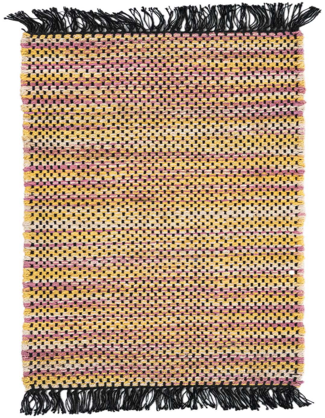 A 4 ft runner rug in a modern, abstract pattern with yellow, pink, and black woven jute, featuring black fringe.