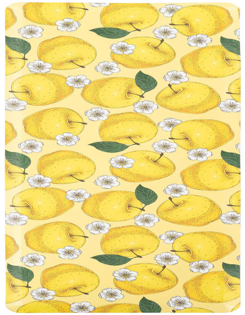 A vibrant yellow runner rug featuring a repeating pattern of golden apples with green leaves and small white blossoms.