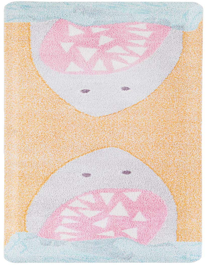 A 5 ft runner rug featuring two stylized shark heads with pink mouths and white teeth on a yellow background, bordered by light blue.