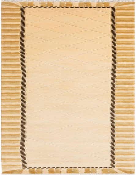 A 16 ft runner rug in shades of yellow and gold, featuring a modern Persian design with a diamond pattern in the center and striped borders, ideal for a hallway.