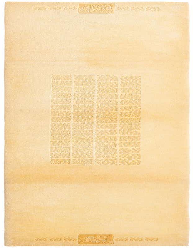 A 10 ft runner rug in shades of yellow and gold, featuring a modern Persian design with geometric patterns and ornate motifs at each end, ideal for a hallway.