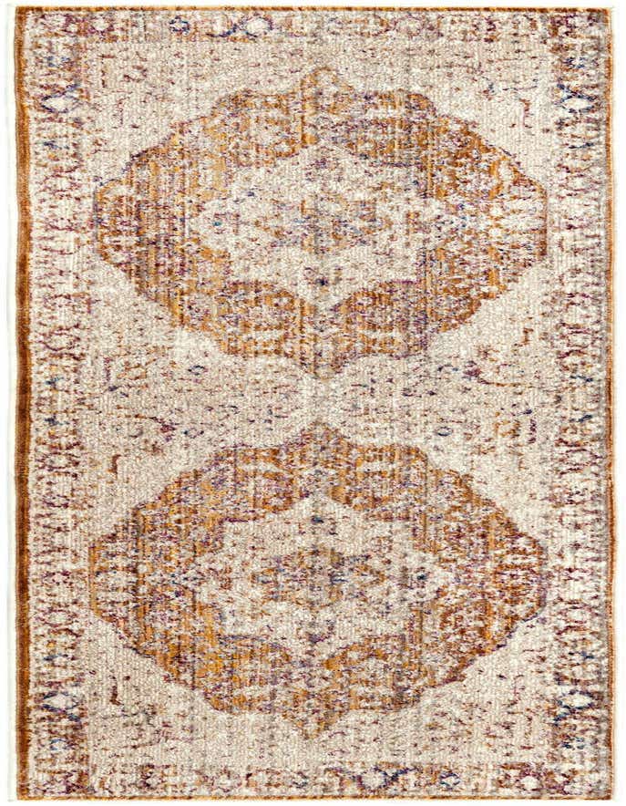 A 6 ft runner rug with a distressed traditional medallion pattern in yellow, gold, and cream tones, ideal for a hallway.