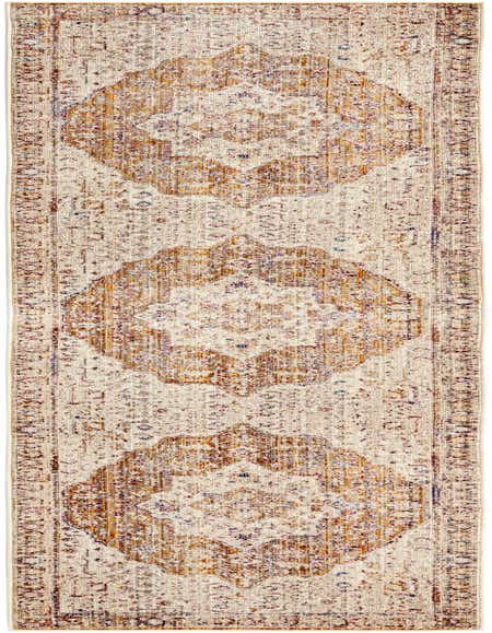 A 12 ft runner rug with a traditional medallion pattern in distressed yellows, golds, and subtle blues on a cream background.