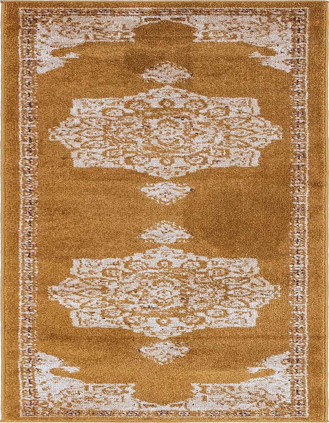 A 6 ft runner rug in golden yellow with distressed white and brown medallion patterns, perfect for a hallway or kitchen.