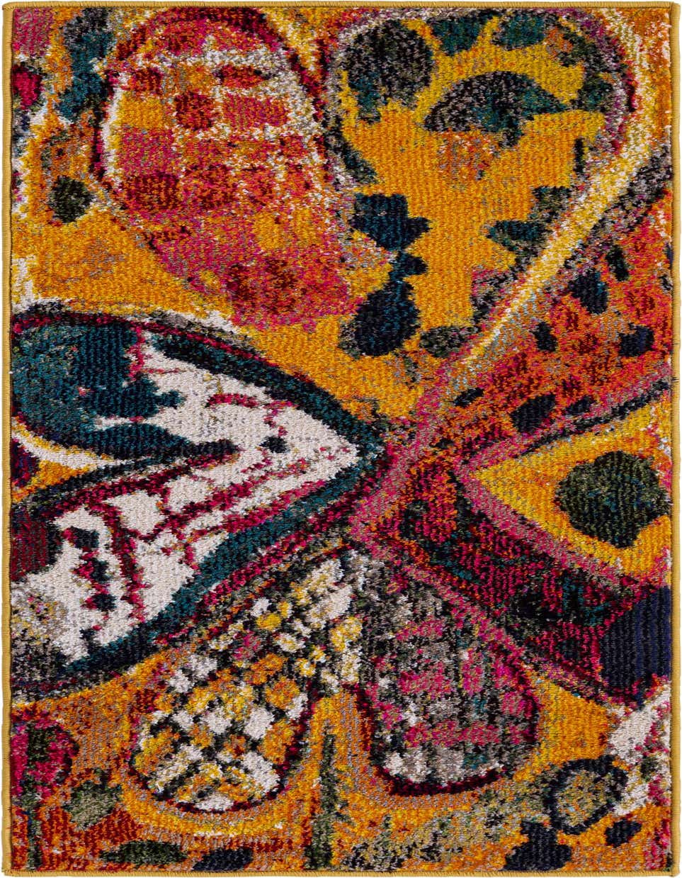 A vibrant 4 ft runner rug featuring an abstract, modern pattern in yellows, golds, pinks, and teals, suitable for a hallway.