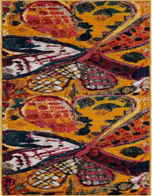 A vibrant 8 ft runner rug with a modern abstract pattern in yellows, golds, reds, and teal, ideal for a hallway or kitchen.