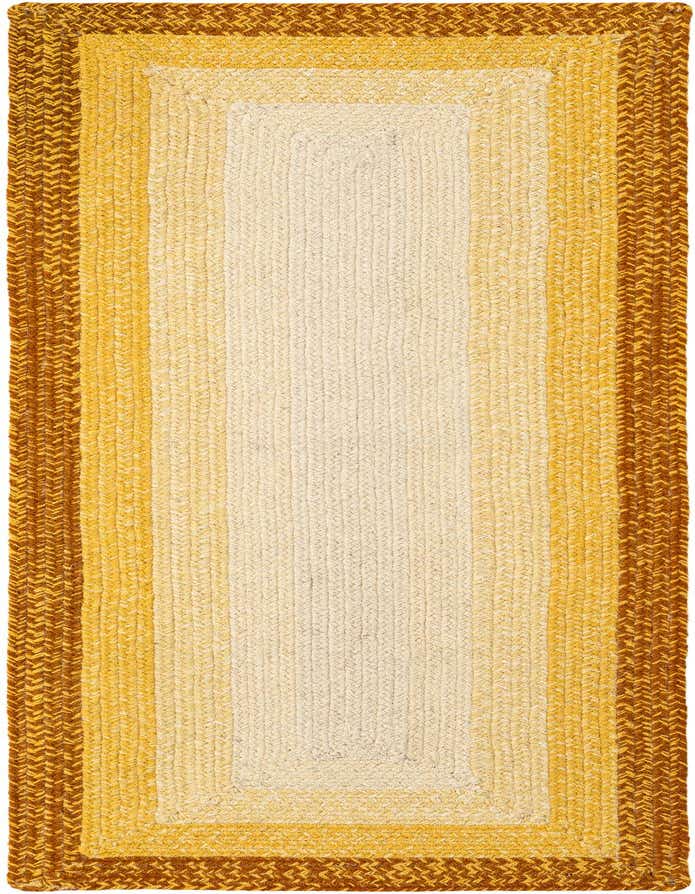 A 6 ft runner rug featuring a modern stripe pattern in varying shades of yellow and gold, made from braided wool.
