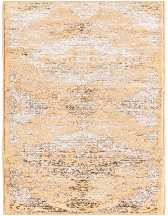 A long 8 ft runner rug in shades of yellow and gold with a distressed traditional medallion pattern, ideal for a hallway.