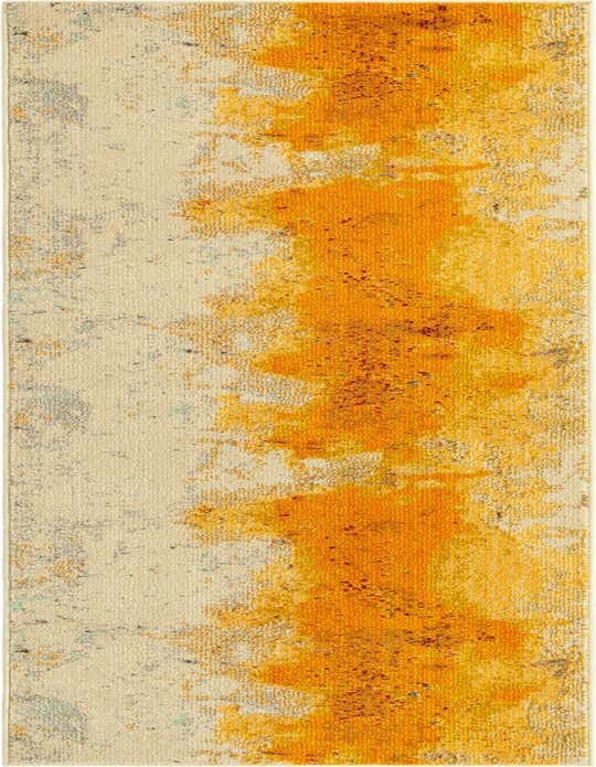 A 10 ft runner rug featuring an abstract modern design with vibrant yellow and gold brushstrokes on a cream and gray background, ideal for a hallway.