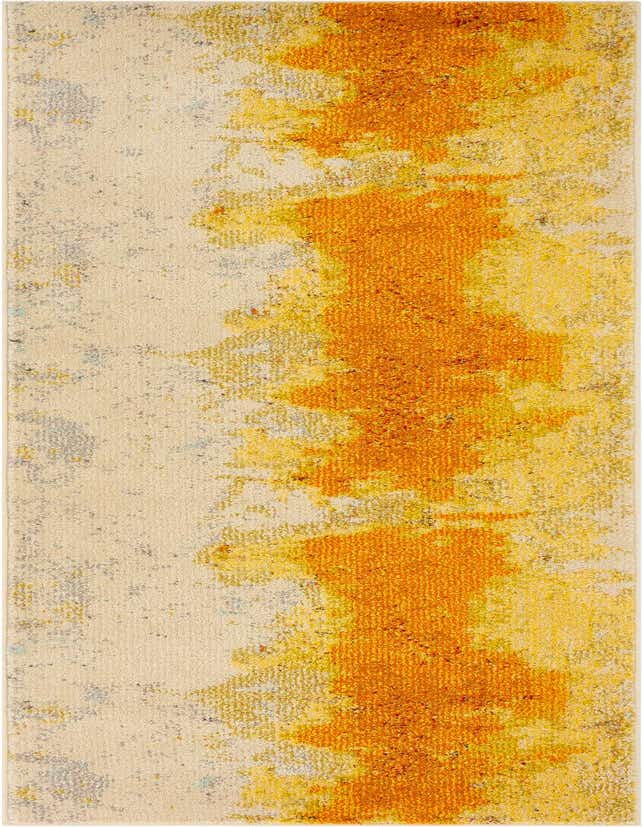 A 7 ft runner rug featuring a modern abstract design with vibrant yellow and gold brushstrokes on a cream background.