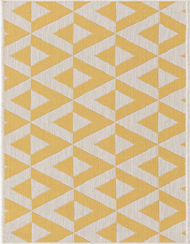 A 6 ft runner rug featuring a modern geometric trellis pattern in yellow and off-white, suitable for a hallway or patio.