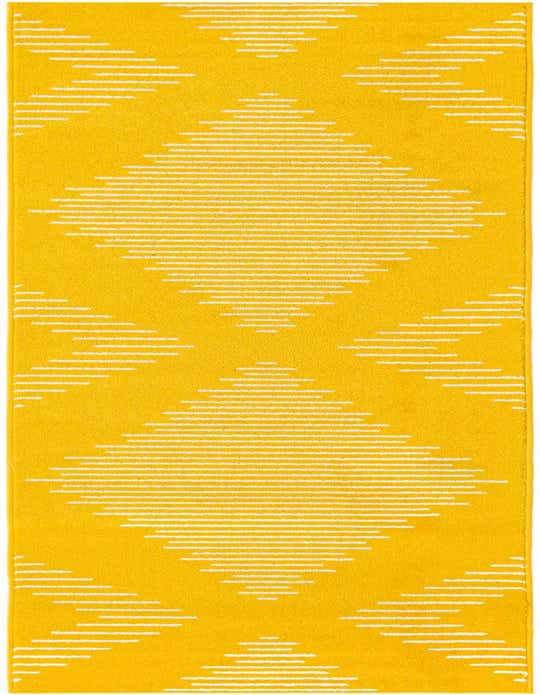 A 10 ft yellow runner rug with a modern geometric pattern of white horizontal stripes forming diamond shapes, ideal for a hallway.