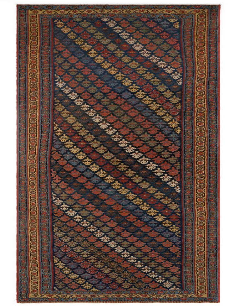 A 19 ft Kilim runner rug featuring a tribal Persian pattern with diagonal stripes of yellow, red, blue, and white motifs on a dark background, bordered by intricate patterns.