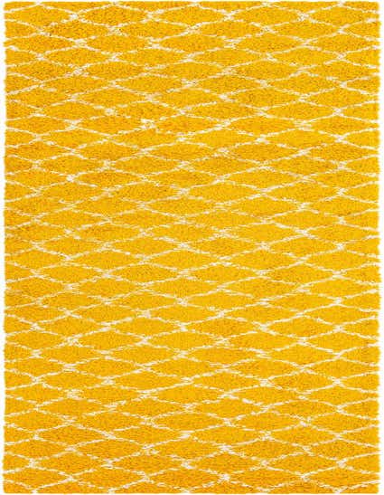 A long yellow runner rug with a modern white lattice pattern, suitable for a hallway or patio.