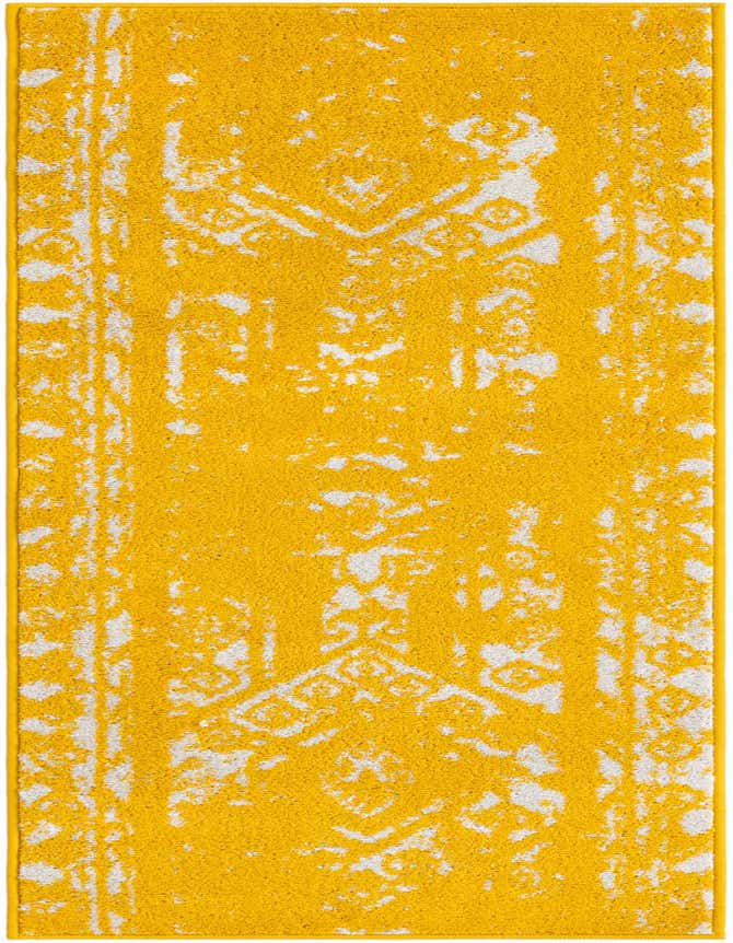 A 6 ft yellow runner rug with a distressed Southwestern tribal pattern in white, ideal for a hallway or kitchen.