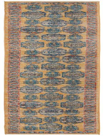 A 13 ft yellow runner rug with distressed blue, orange, and white bohemian medallions and a traditional border, ideal for a hallway.